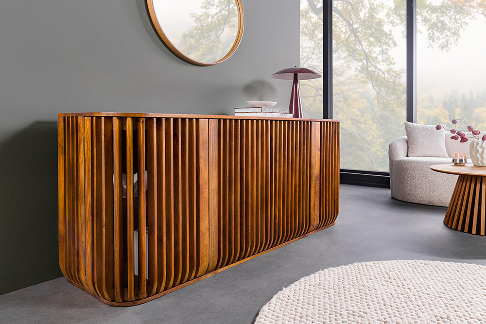 Massives Sideboard SCULPTURA 170cm braun Mangoholz mit abgerundeter Lamellenfront