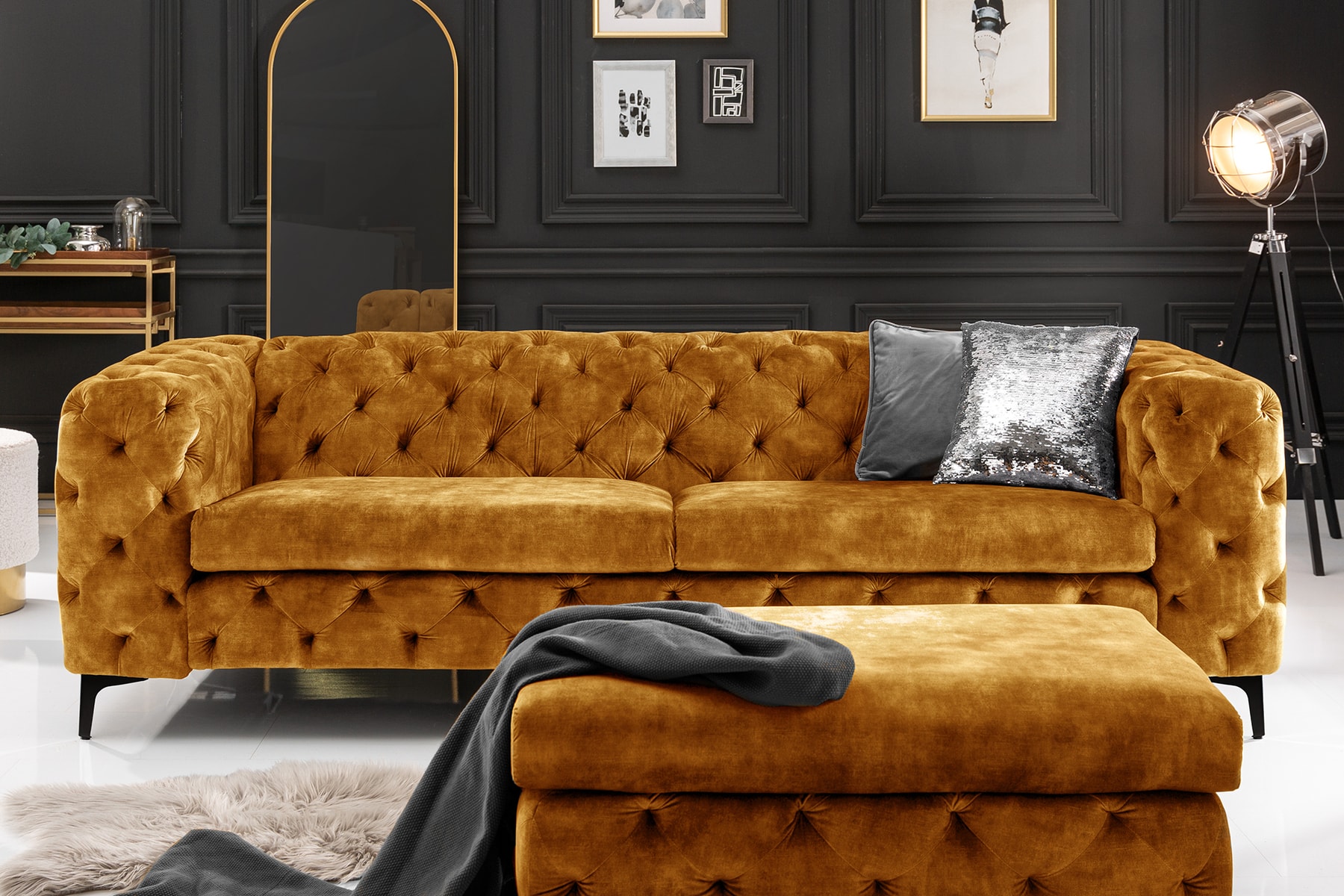 Chesterfield Sofa MODERN BAROCK 235cm senfgelb Samt 3-Sitzer Couch Federkern
