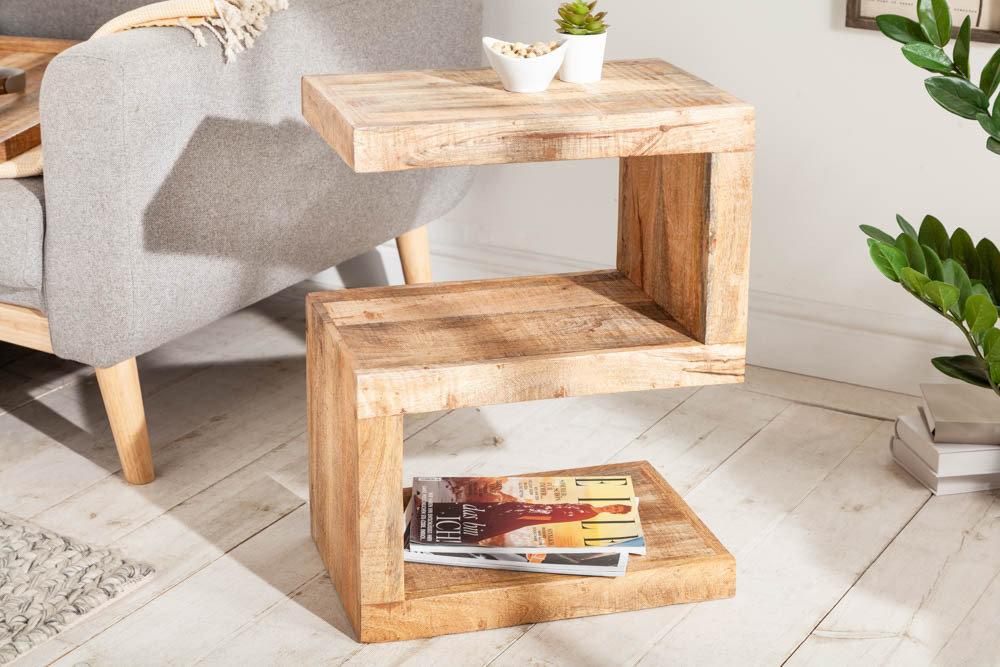Handgearbeiteter Beistelltisch S 60cm Mango Massivholz mit Ablage variabel stellbar