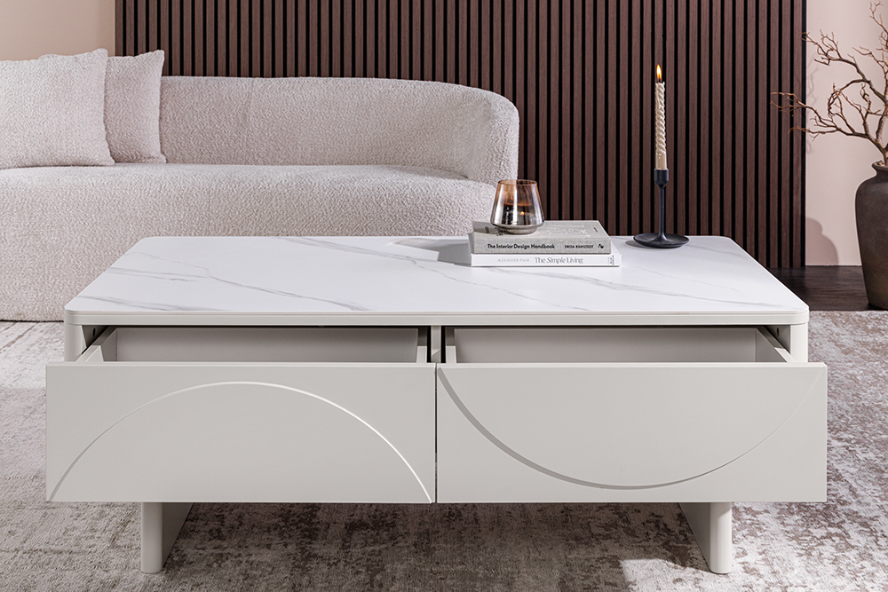 Design Couchtisch SAVOY 120cm kaschmir weiß Keramik Marmor mit Schubladen