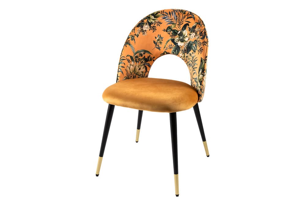 Design Stuhl PRÊT-À-PORTER gelb Samt florales Muster und goldene Fußkappen