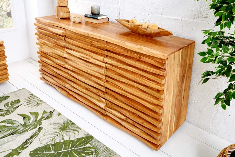 Massivholz Sideboard RELIEF 160cm Akazie Kommode mit Schubladen aufwändige Front