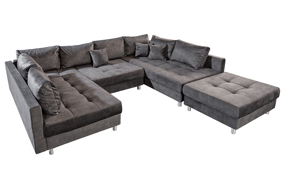 Moderne XXL Wohnlandschaft KENT 305cm grau Samt Bigsofa inkl. Hocker Federkern