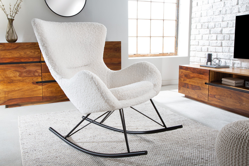 Design Schaukelstuhl SCANDINAVIA SWING weiß Bouclé Sessel schwarz Metall