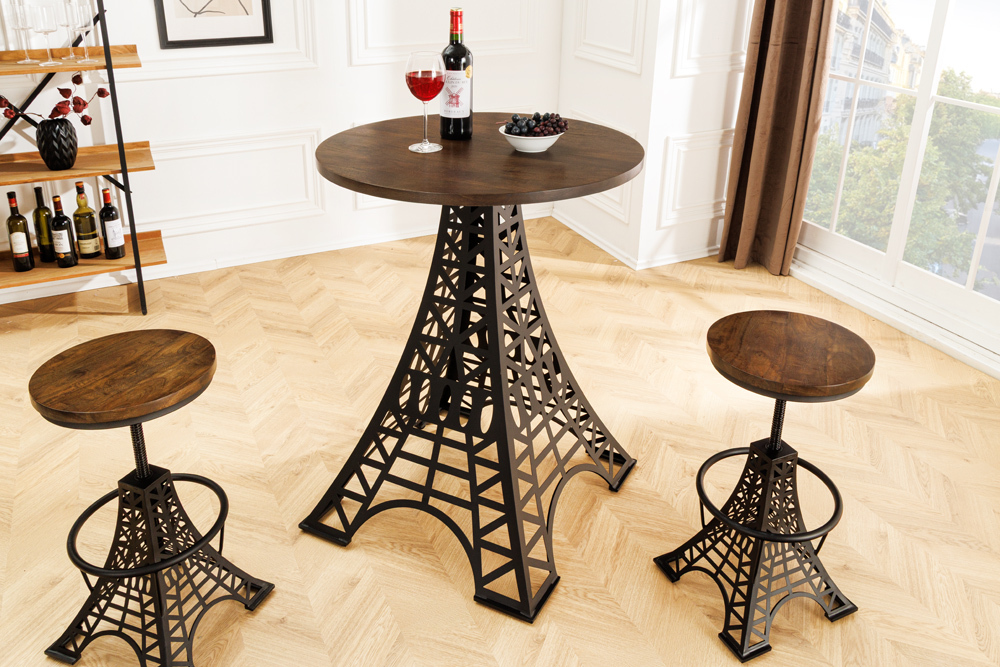 Runder Bartisch PARIS LOFT 105cm dunkelbraun Mangoholz Eiffelturm-Design