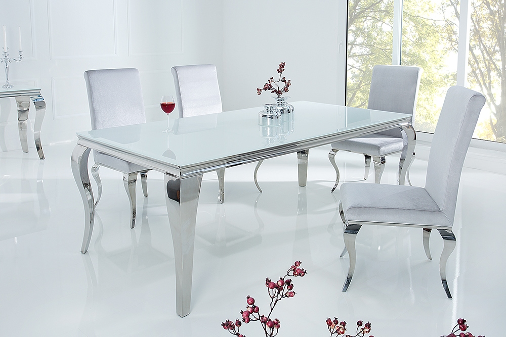 Eleganter Design Esstisch MODERN BAROCK 180cm weiß Opalglas Tischplatte Edelstahl