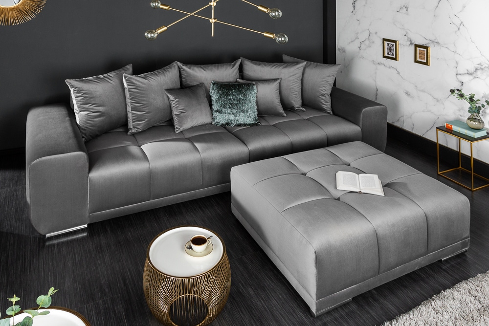 Big Sofa ELEGANCIA 285cm silbergrau Samt XXL Couch inkl. Kissen Federkern