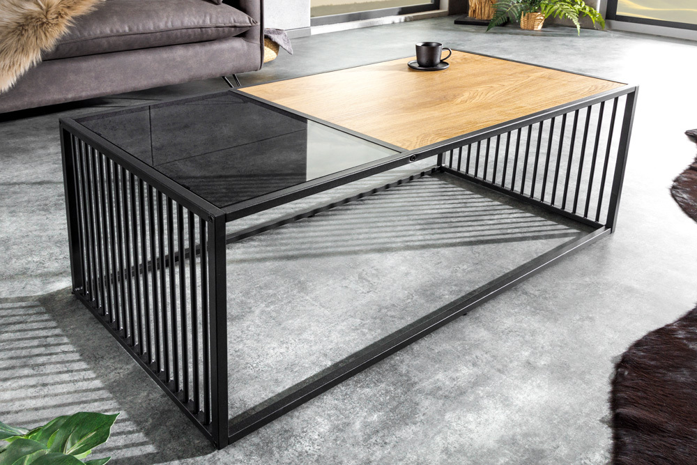 Design Couchtisch ARCHITECTURE 100cm schwarz Wildeiche Rauchglas Metall Holz