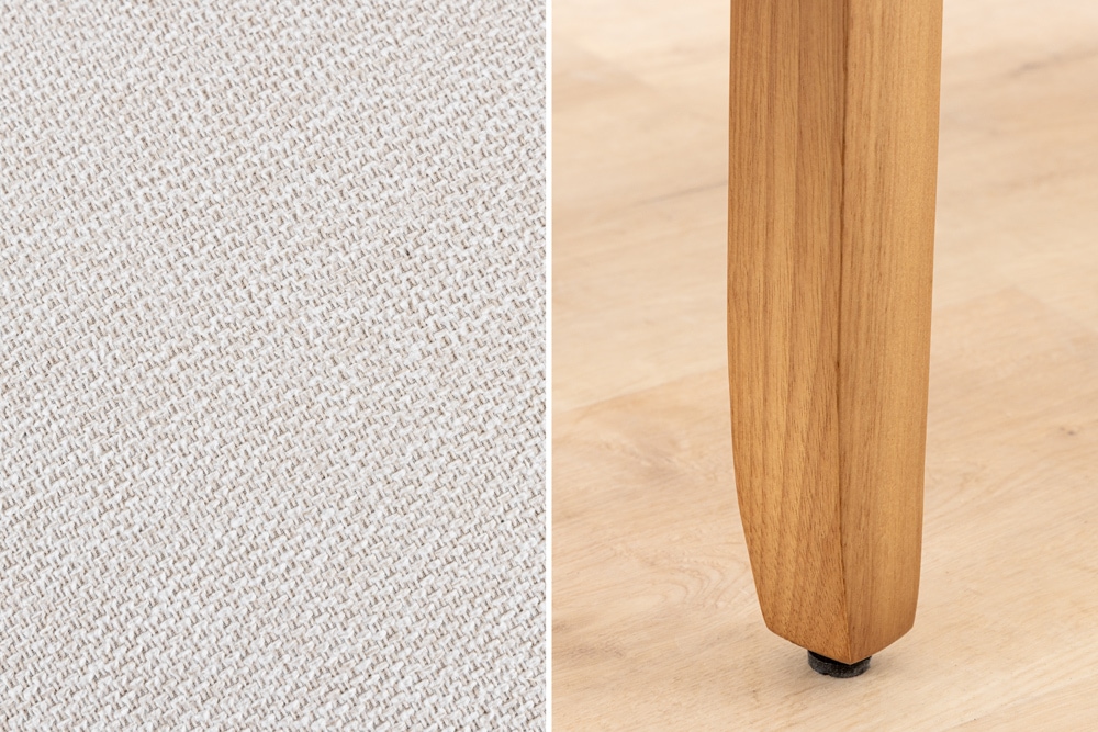 Design Stuhl CASA beige Strukturstoff Massivholzbeine mit Zierknöpfen und Nackenrolle