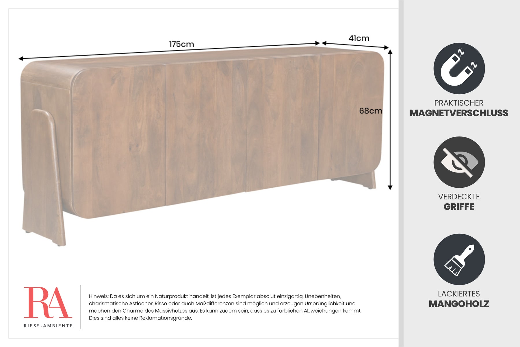 Massives Sideboard BRASIL 175cm braun Mangoholz sechs Fächer