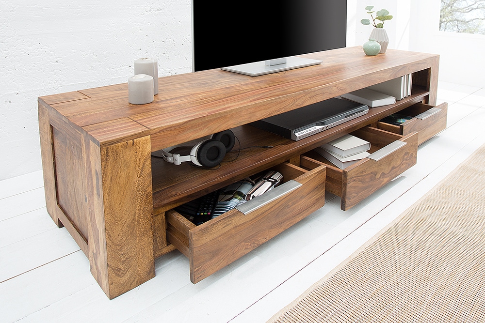 Massives TV-Board MAKASSAR 170cm braun Sheesham stone finish Lowboard drei Schubladen