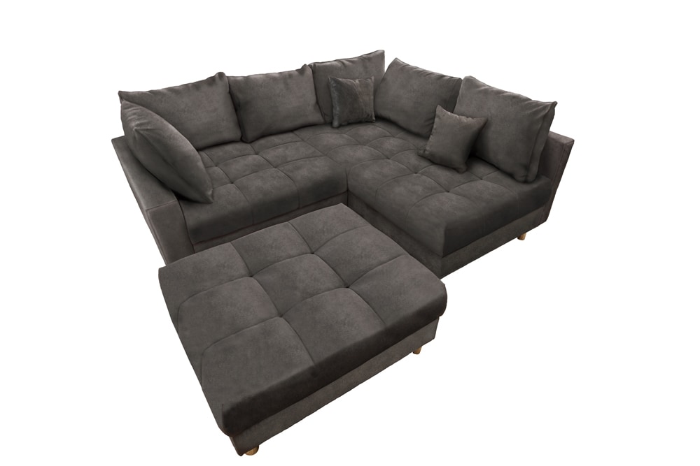 Moderne Wohnlandschaft KENT 220cm grau Samt Ecksofa Federkern inkl. Hocker und Kissen
