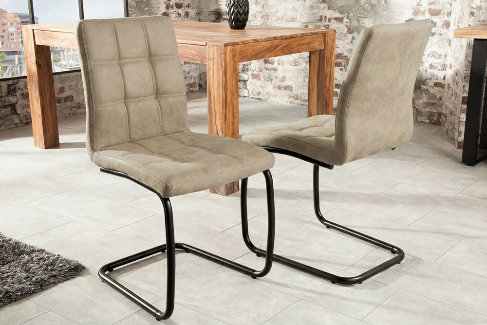 Design Freischwinger Stuhl MODENA vintage beige Microfaser mit Ziersteppung