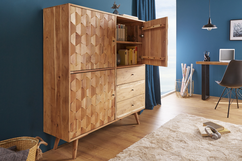 Massivholz Highboard MYSTIC LIVING 140cm Akazie natur 3D-Oberfläche
