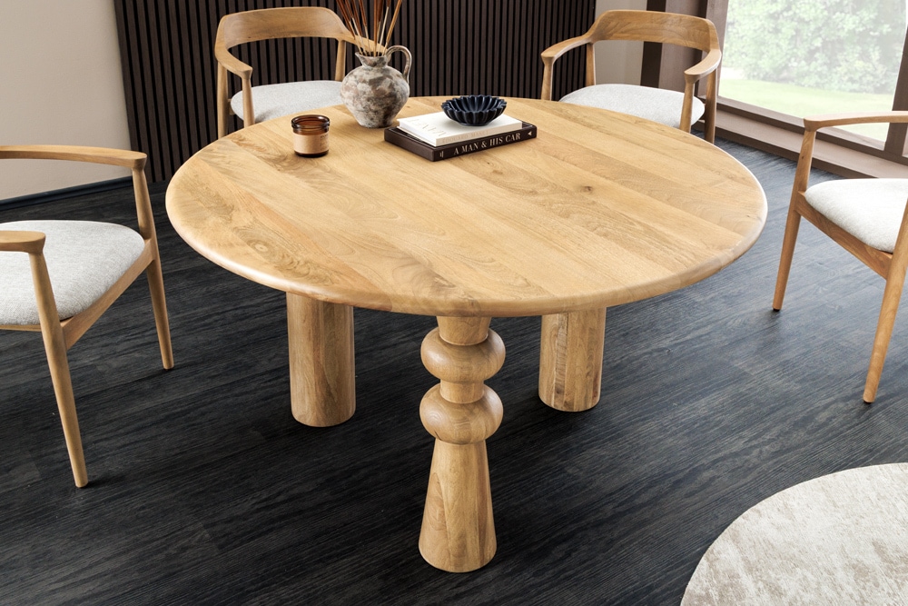 Runder Esstisch ARTE 120cm kaschmir beige finish Mangoholz massiv mit markantem Gestell