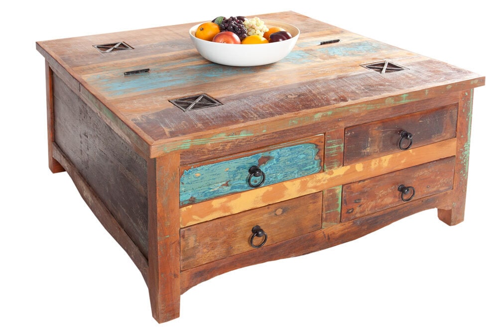 Massiver Couchtisch JAKARTA 70cm bunt Truhe aus recycelten Fischerbooten Holz mit Schubladen