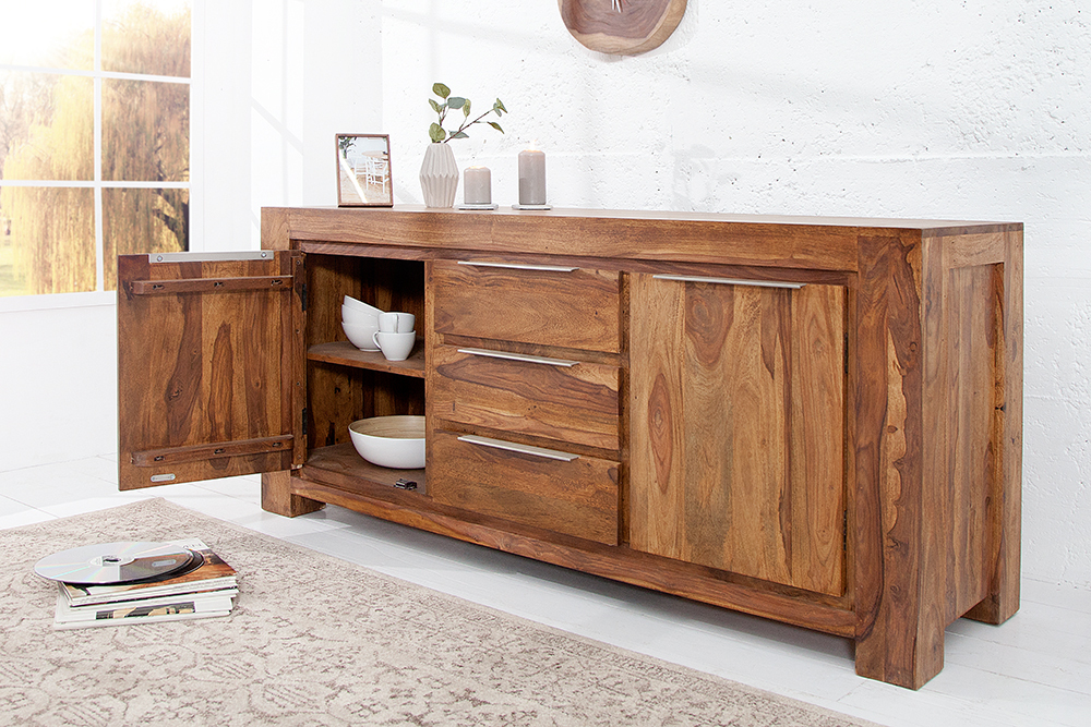 Massivholz Sideboard MAKASSAR 175cm braun Sheesham stone finish Kommode mit Schubladen