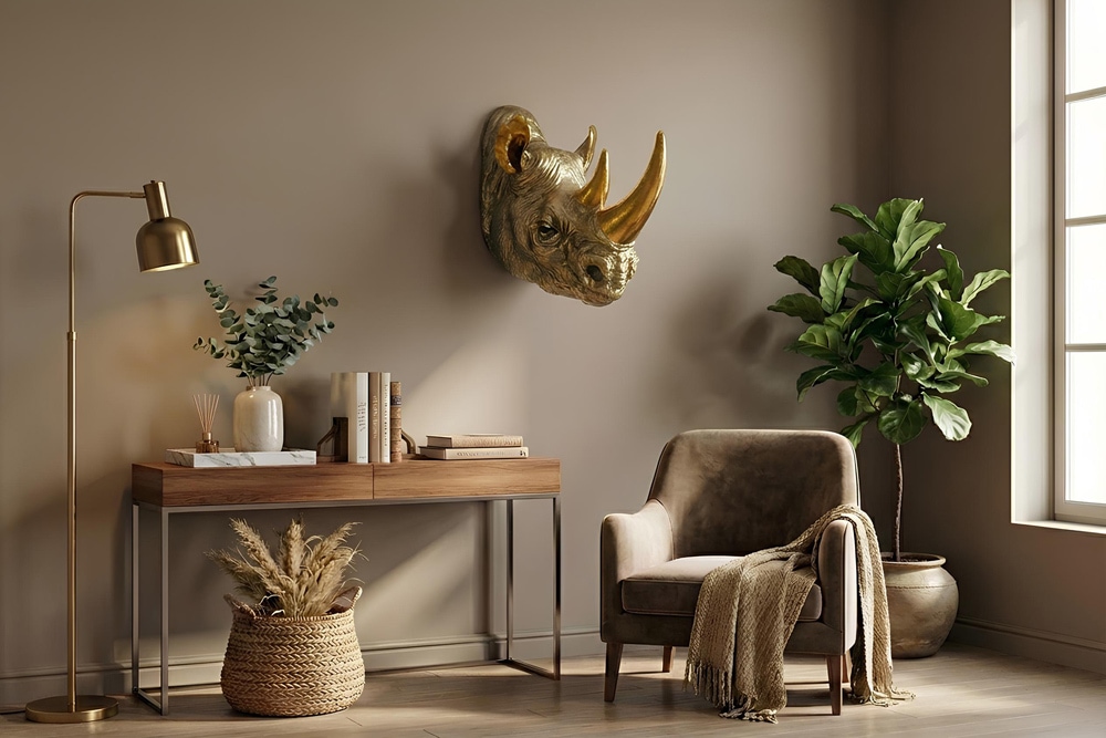 Deko-Wandfigur RHINO 40cm gold handmade Nashorn-Skulptur