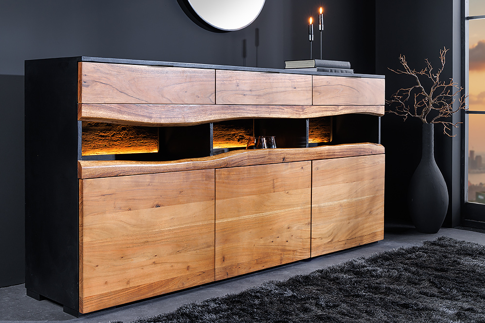 Massivholz Sideboard GRAND ACACIA 180cm braun Akazie mit LED-Beleuchtung Baumkante