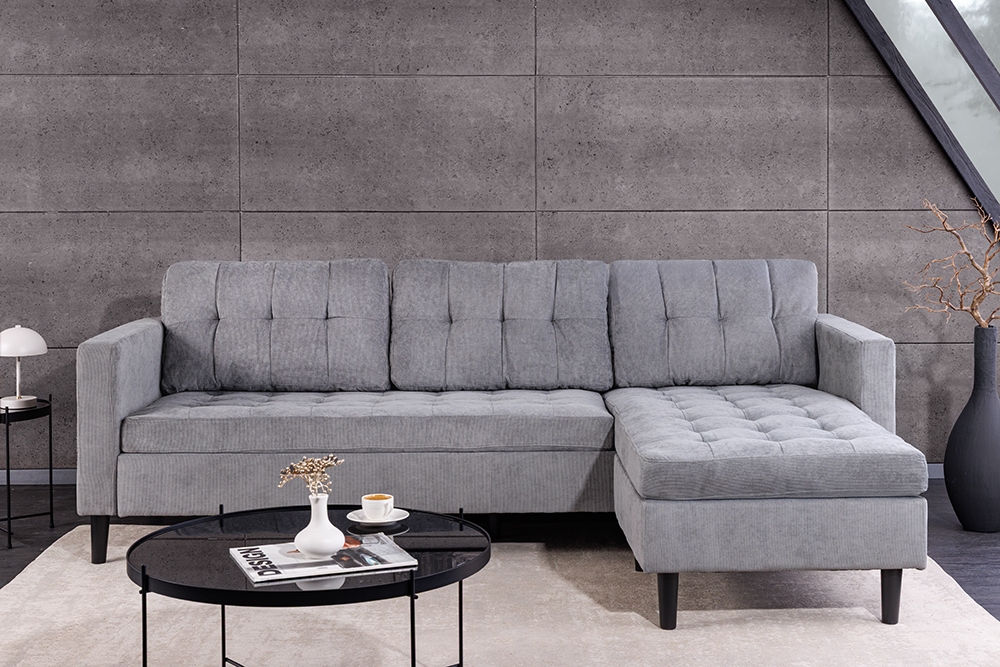 Modernes Ecksofa STOCKHOLM 220cm grau Cordstoff Federkern 3-Sitzer-Sofa