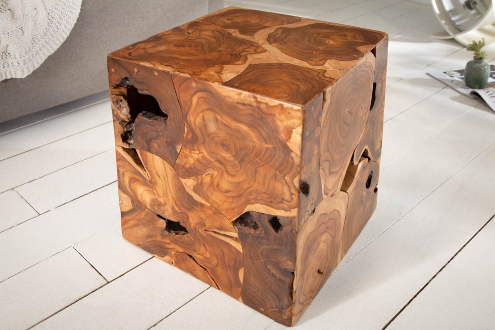 Massiver Beistelltisch SQUARE 40cm Teakholz Würfel Sitzhocker