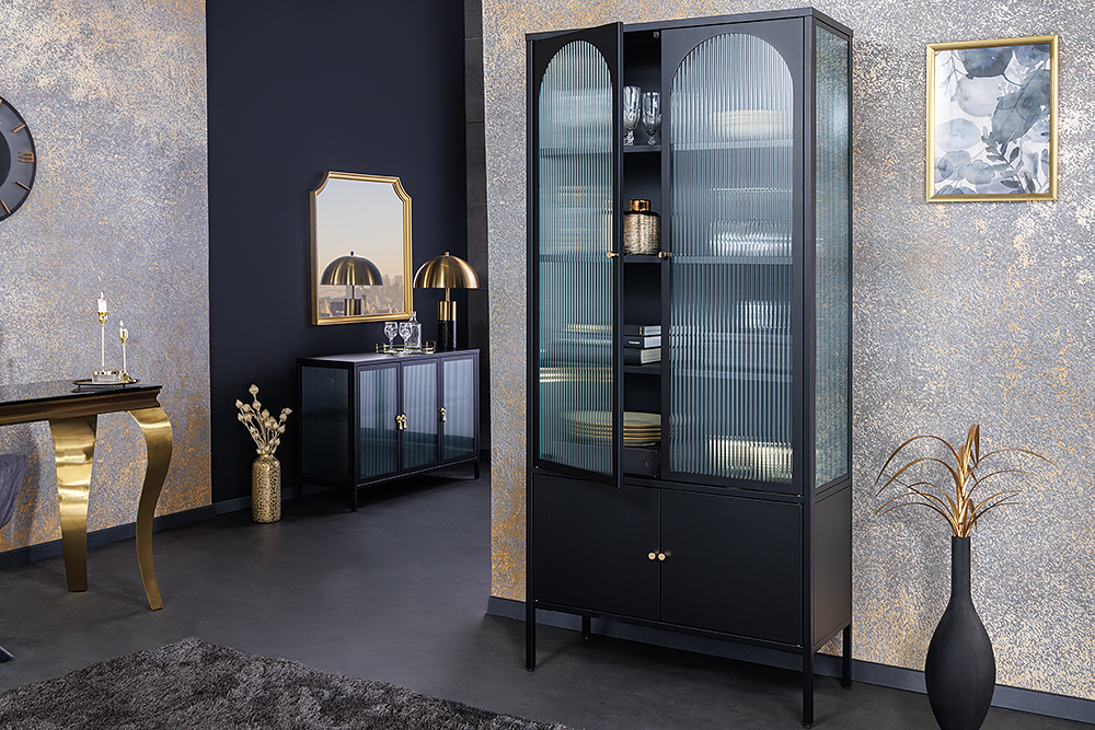 Moderne Vitrine PARIS 180cm schwarz gold Riffelglas Metall Highboard Schrank Moderne Vitrine PARIS 180cm schwarz gold Riffelglas Metall Highboard Schrank