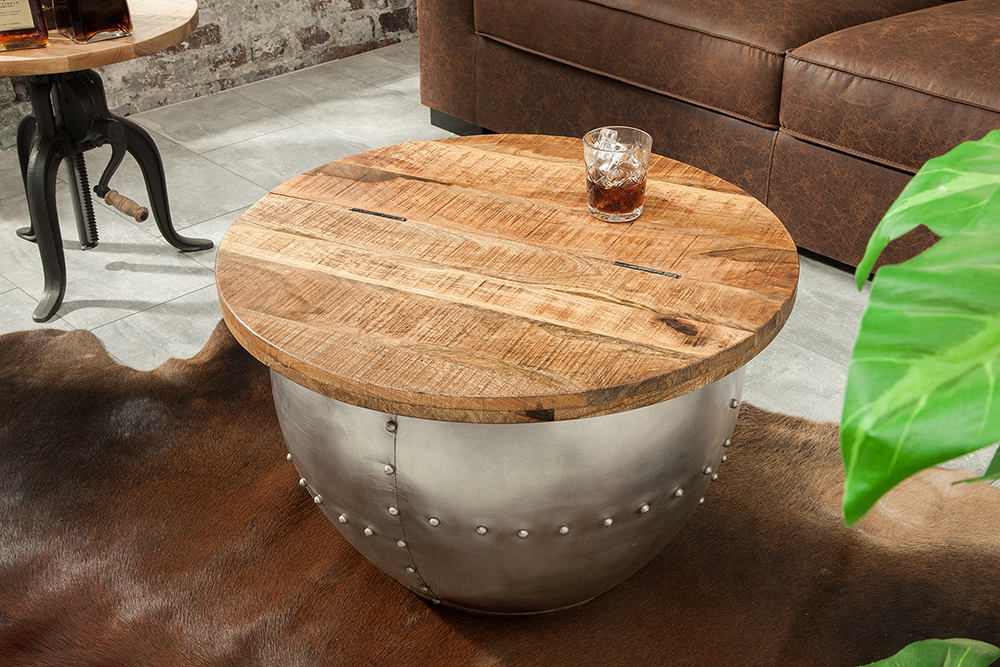 Runder Couchtisch DRUMP STORAGE 70cm natur silber Mangoholz mit Stauraum handmade Industrial » Jetzt kaufen