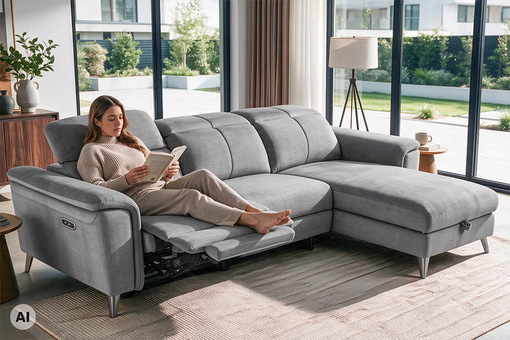 3-Sitzer Sofa IMPERIA 255cm grau Vogue Seiden Samtstoff elektrische Fußstütze 3-Sitzer Sofa IMPERIA 255cm grau Vogue Seiden Samtstoff elektrische Fußstütze