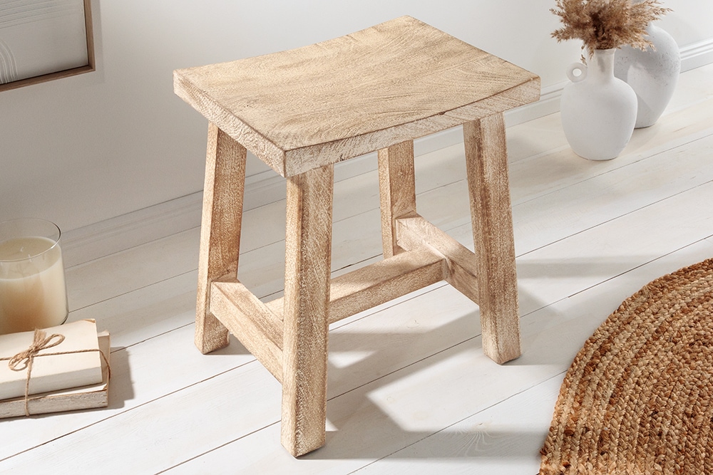 Massiver Hocker FINCA 45cm beige Mangoholz Handarbeit Boho Shabby Chic