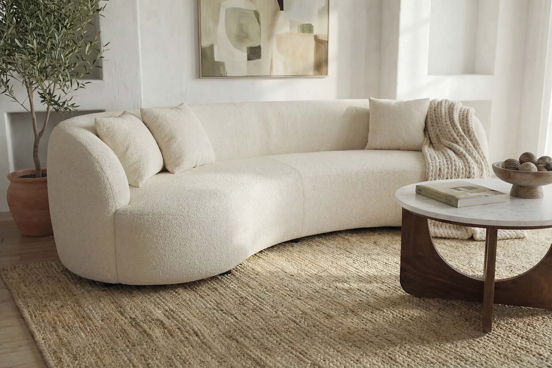 Modernes Sofa ATELIER 230cm beige Bouclé 3-Sitzer Couch inkl. Kissen