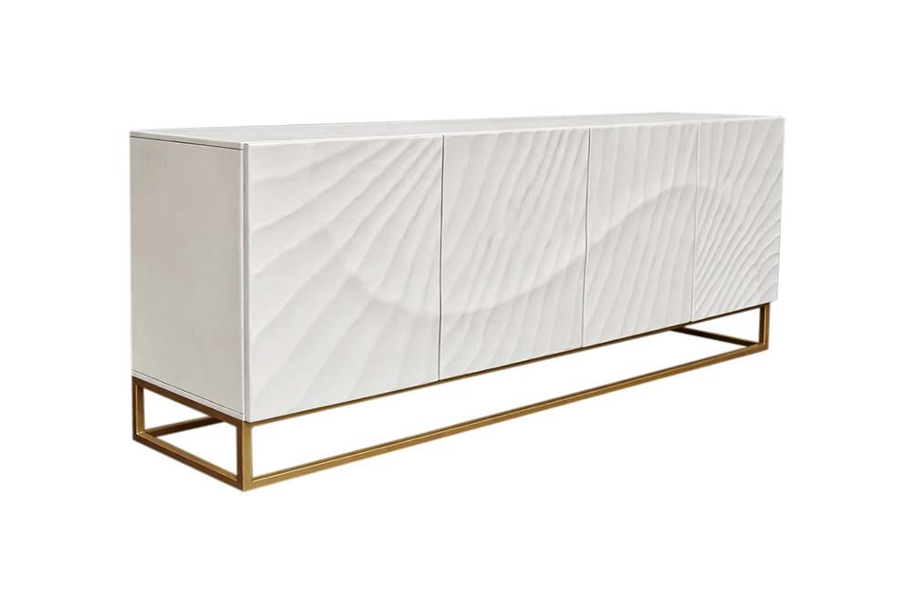 Massives Sideboard SCORPION 180cm weiß Mangoholz gold Metall 3D-Schnitzereien