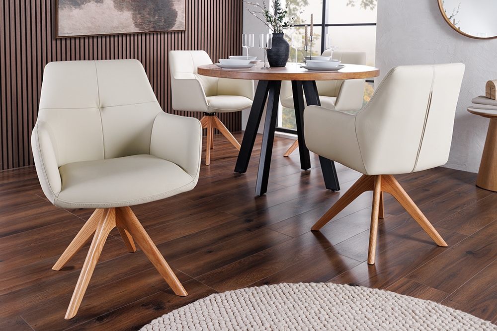 Drehbarer Stuhl ALMARA beige sand Echtleder 360° Taschenfederkern natur Eiche Massivholz » Jetzt kaufen
