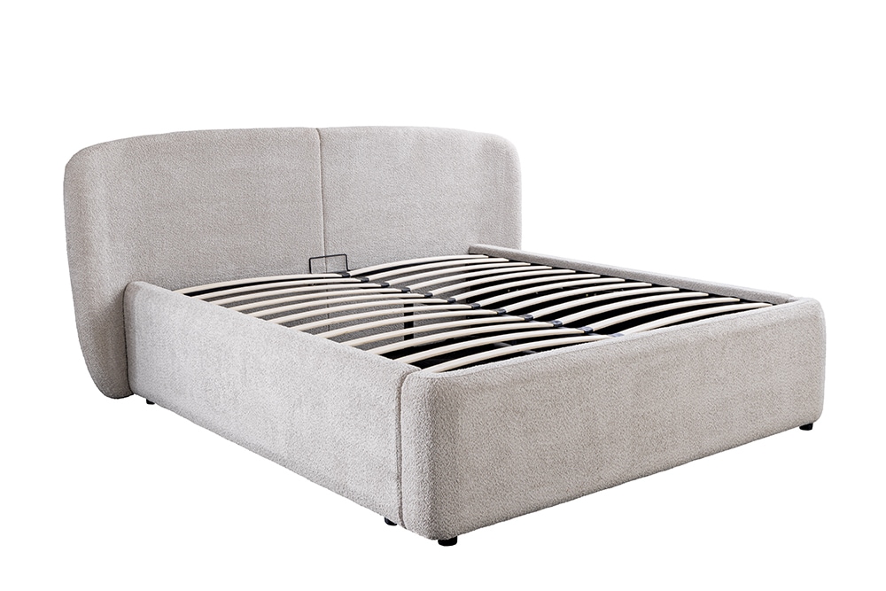 Modernes Boxbett ART DECO 180x200cm greige Bouclé mit Stauraum und Lattenrost