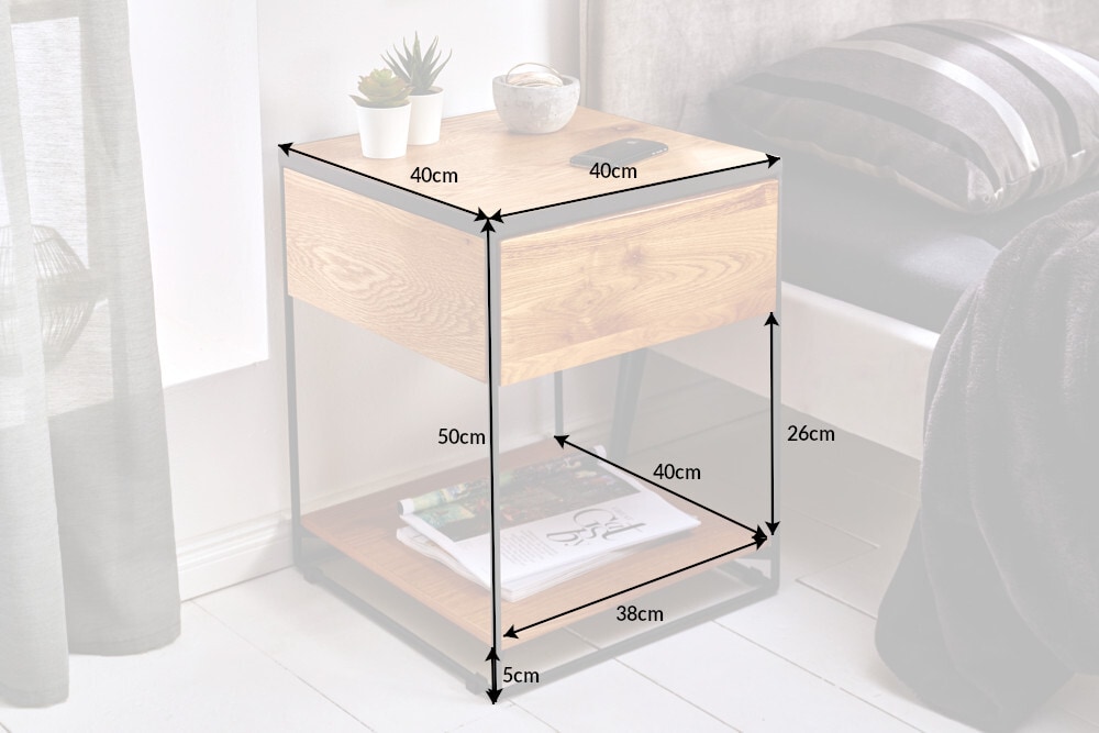 Moderner Beistelltisch SCORPION 50cm Wildeichen-Design Metall Nachttisch mit Schublade