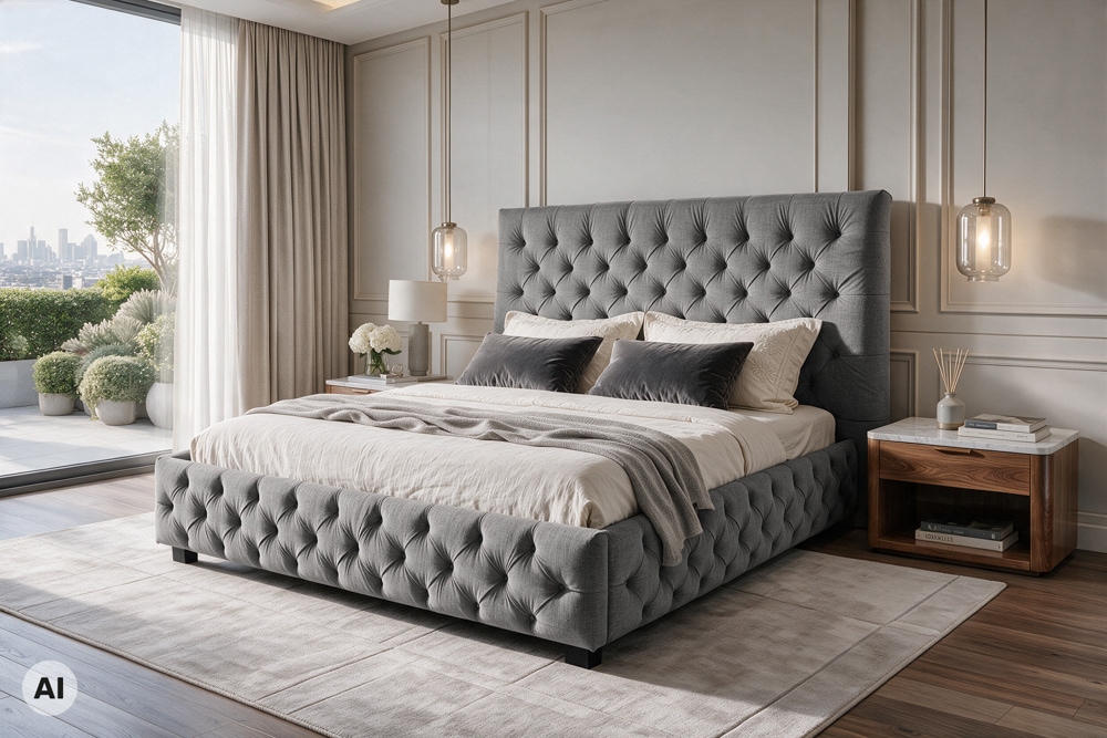 Design Boxbett PARIS 180x200cm grau Leinen Chesterfield Doppelbett Design Boxbett PARIS 180x200cm grau Leinen Chesterfield Doppelbett