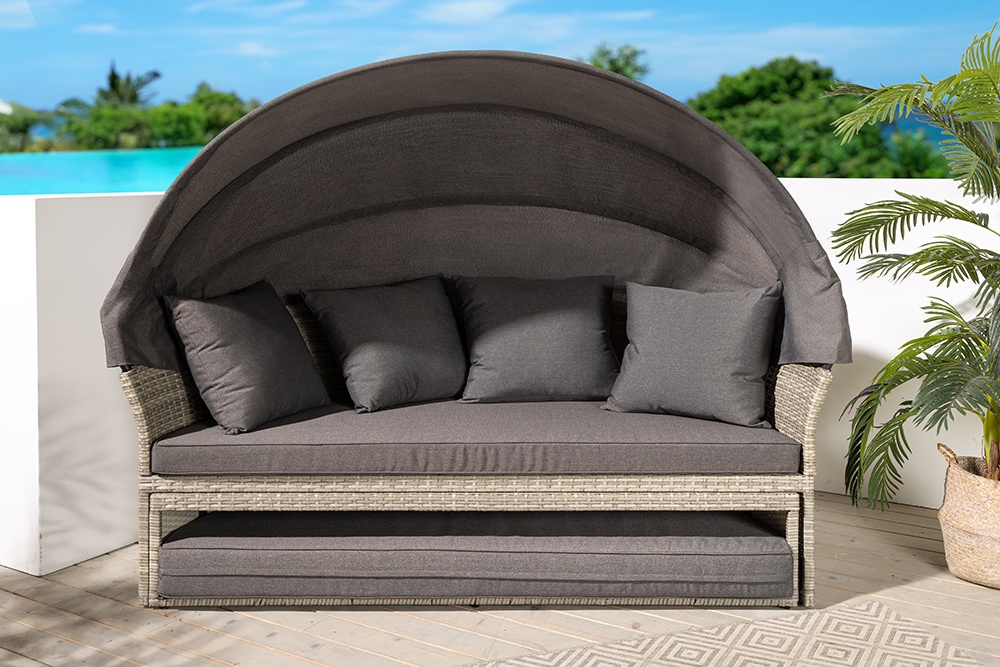 Outdoor Sonneninsel PLAYA LIVING 165cm hellgrau Polyrattan Aluminium inklusive Kissen wetterfest