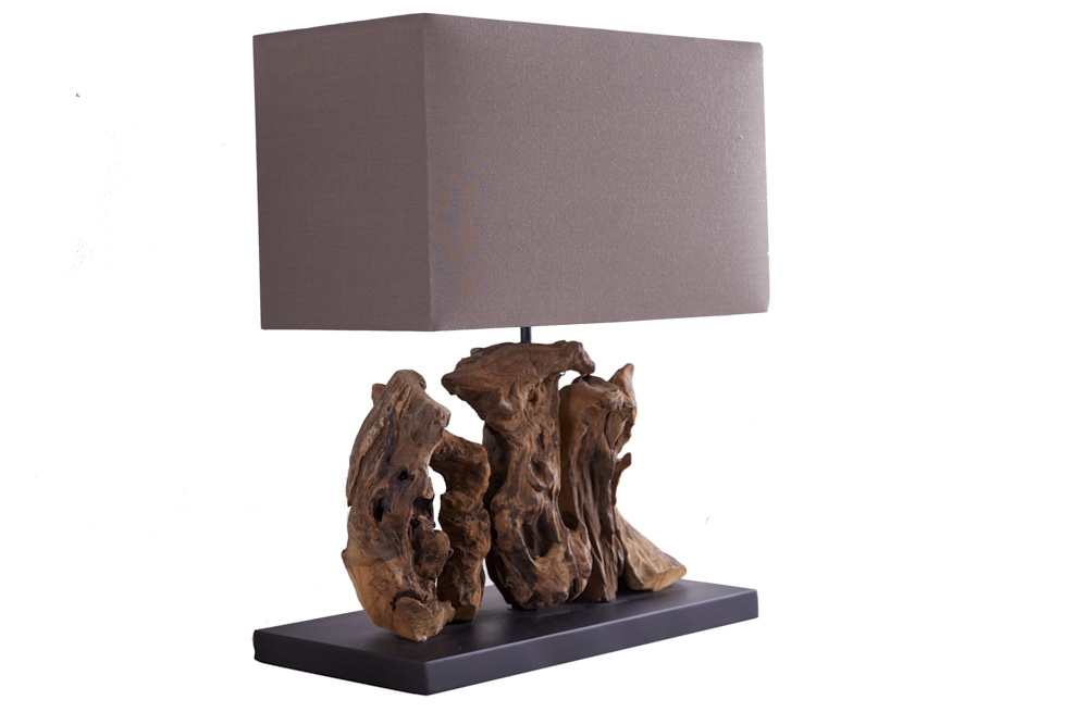 Handgefertigte Tischlampe ARAGON 50cm braun Treibholz-Fuß mit Leinenschirm