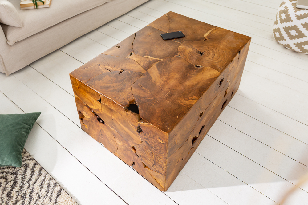 Massiver Couchtisch SQUARE 90cm Teakholz Würfel Handarbeit