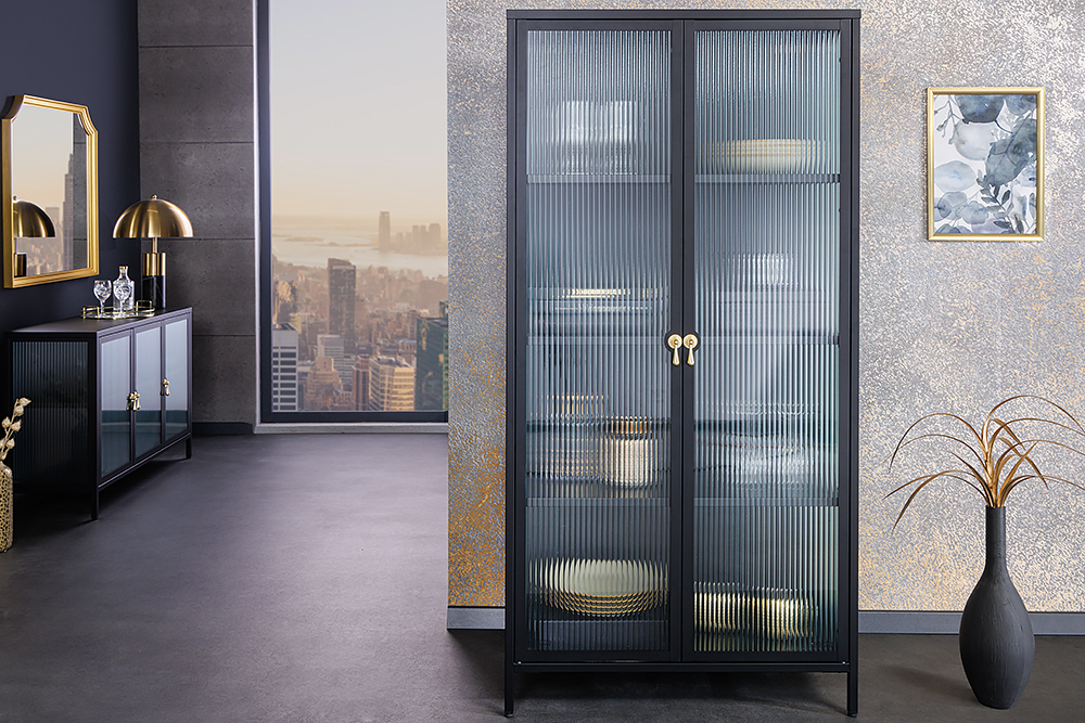 Moderne Vitrine AMSTERDAM 160cm schwarz gold Riffelglas Metall Highboard Schrank