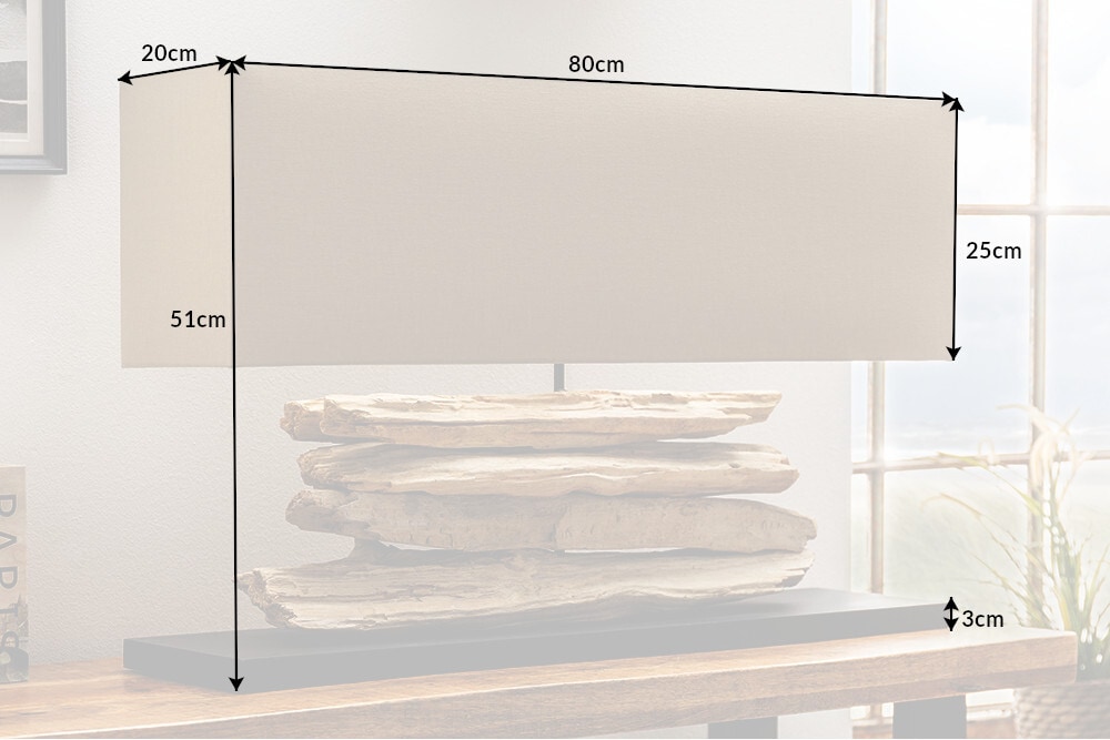 Handgearbeitete Tischlampe RIVERINE 80cm beige Treibholzfuß mit Leinenschirm
