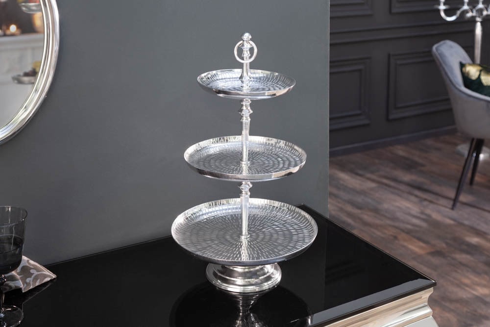 Elegante Etagere ORIENT 50cm silber im Rice Hammerschlag Design mit drei Etagen