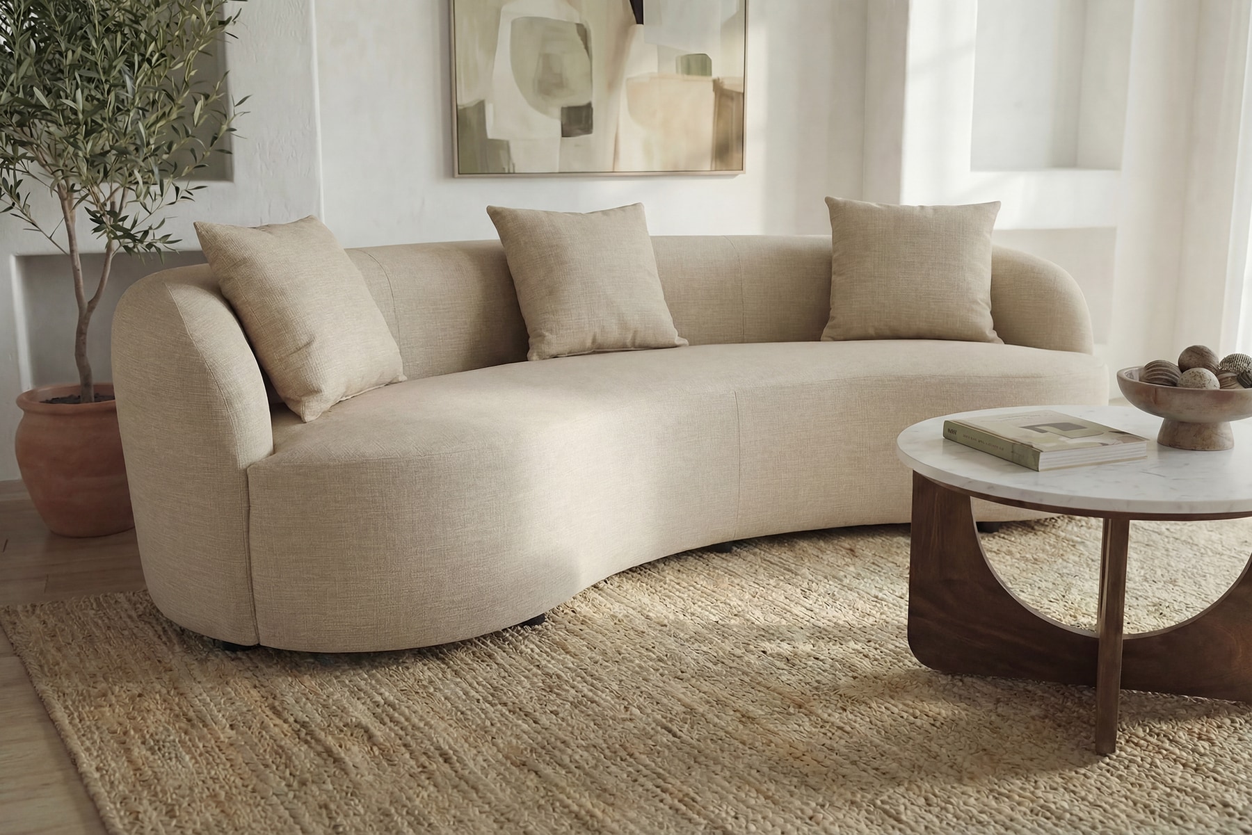 Modernes Sofa ATELIER 230cm beige Samt 3-Sitzer Couch inkl. Kissen