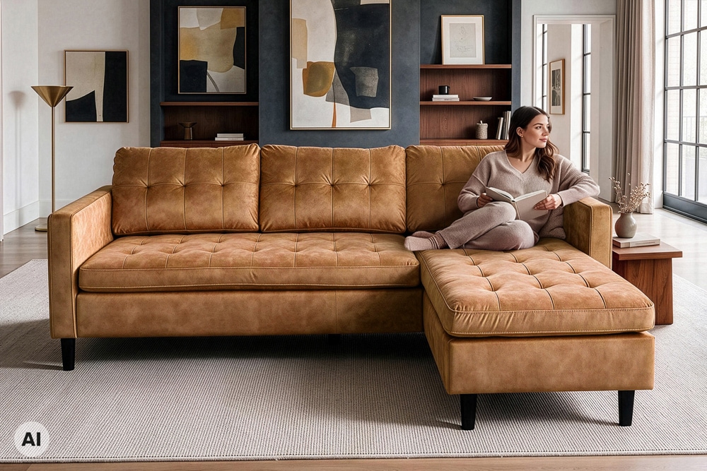 Ecksofa STOCKHOLM 220cm senfgelb Samtstoff Federkern 3-Sitzer-Sofa