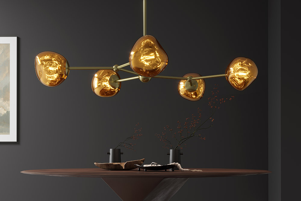 Design Hängelampe LIQUID DIAMOND 100cm gold Glas Stahl fünf Schirme Kugelleuchte
