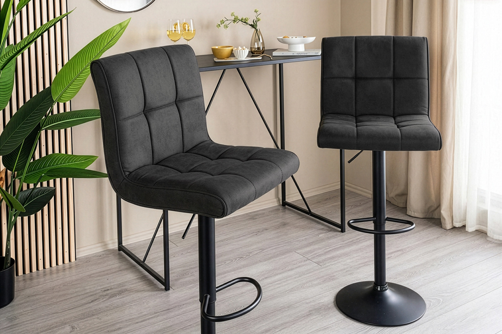 Höhenverstellbarer Barhocker MODENA vintage grau Microfaser Metall schwarz mit Lehne drehbar