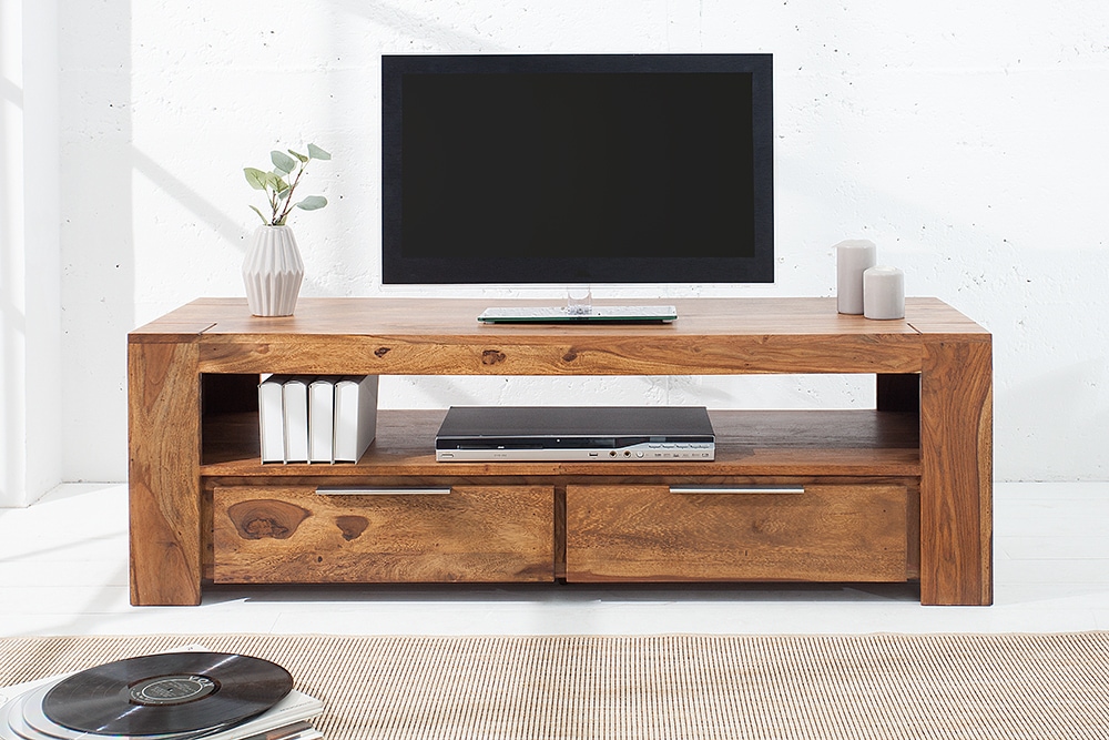 Massives TV-Board MAKASSAR 130cm braun Sheesham stone finish Lowboard zwei Schubladen