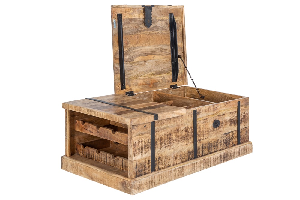 Massivholz Couchtisch BODEGA 100cm Mangoholz Hausbar Truhe mit Stauraum