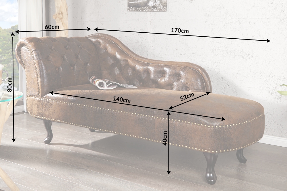 Chesterfield Récamière 170cm antik braun mit Knopfheftung und Nietenbesatz