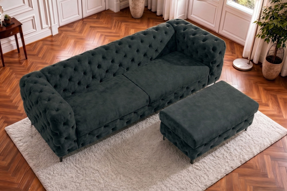 Chesterfield Sitzhocker MODERN BAROCK 95cm petrol Samt Fußhocker