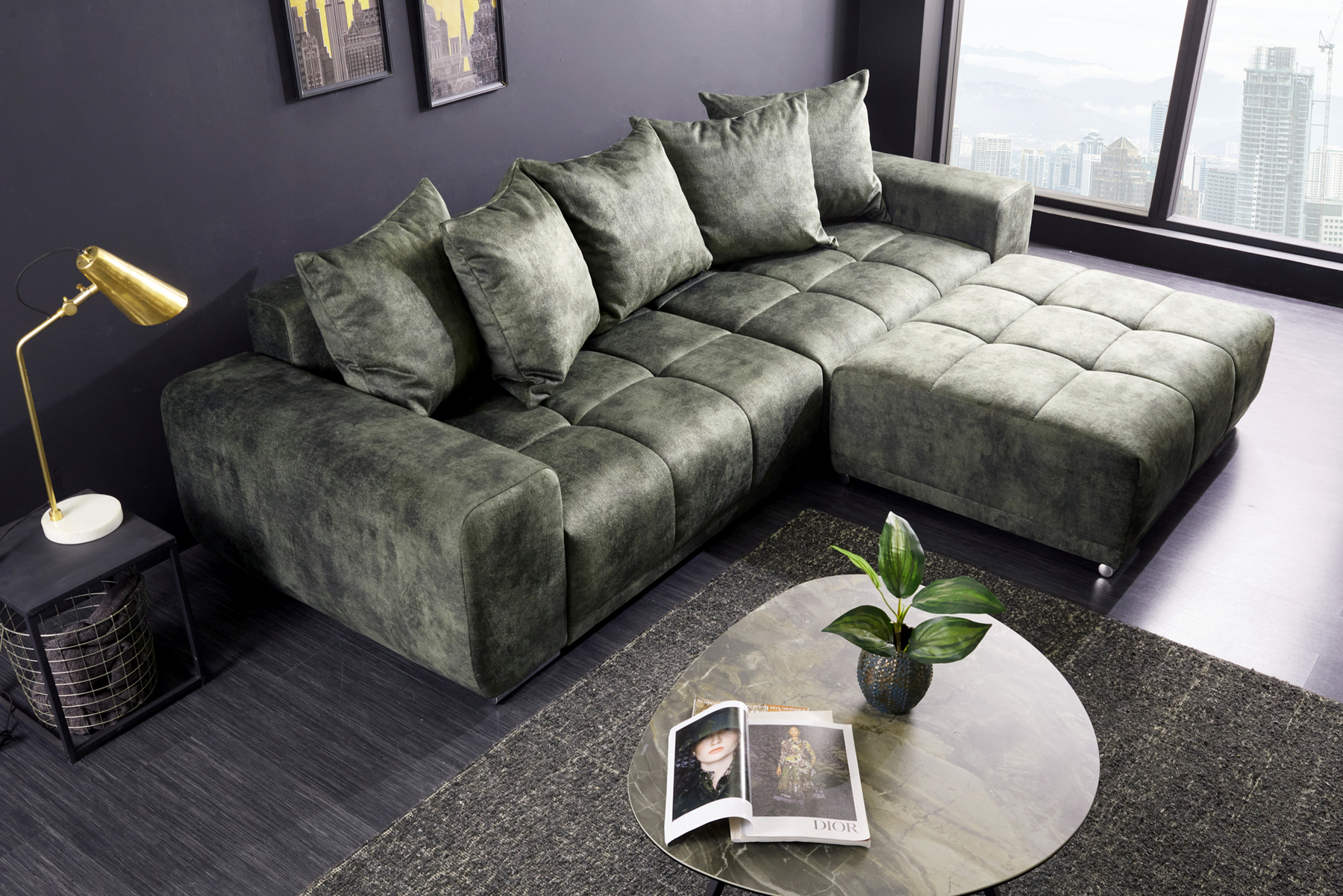 Big Sofa ELEGANCIA 285cm moosgrün Microfaser XXL Couch inkl. Kissen Federkern